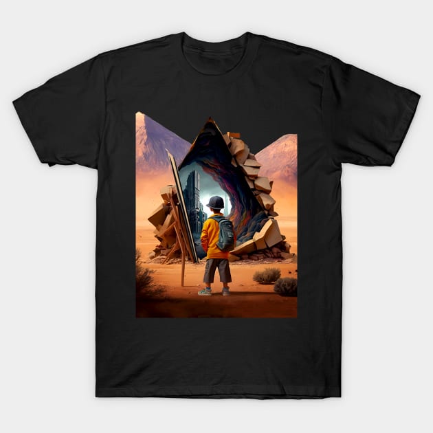 Wonderment a Time Travel Odyssey: A Journey to a Dystopian Future on a Dark Background T-Shirt by Puff Sumo